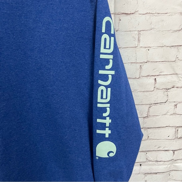 Carhartt Men Small Loose Fit Long Sleeve T-shirt Spelllout Sleeve Blue Crew Neck - Picture 2 of 6